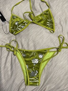 Olive Green Velvet Floral Sequin Triangle Bikini Set